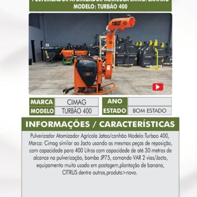 DT 38 – PLUVERIZADOR ATOMIZADOR AGRÍCOLA JATAO/CANHAO CIMAG